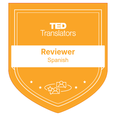 TED Reviewer badge featured on About page — signifying Shaun T. Richards’ contribution to TED's multilingual subtitling and editorial quality standards